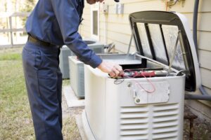 Electrician inspecting a whole-home generator